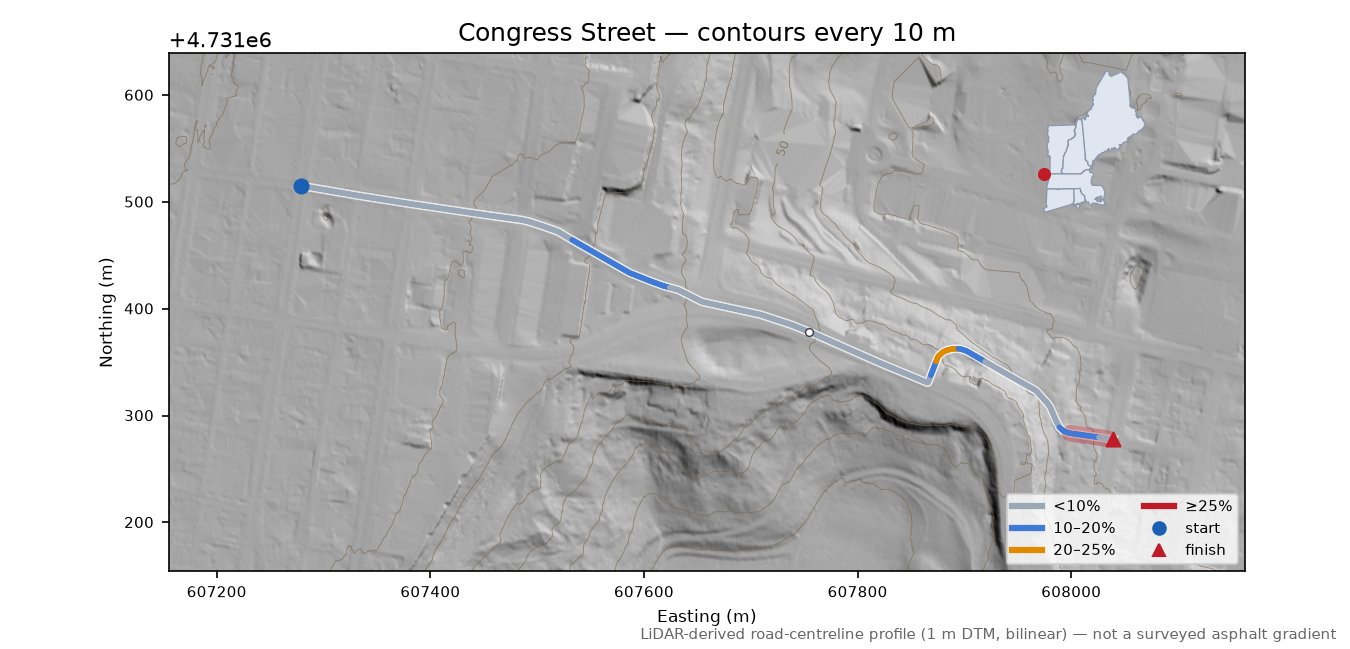 Congress Street LiDAR hillshade map with contours