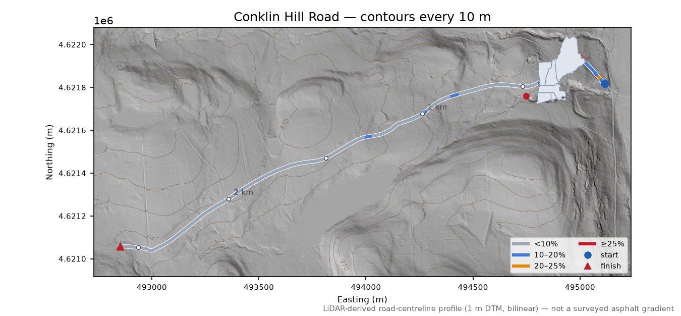 Conklin Hill Road LiDAR hillshade map with contours