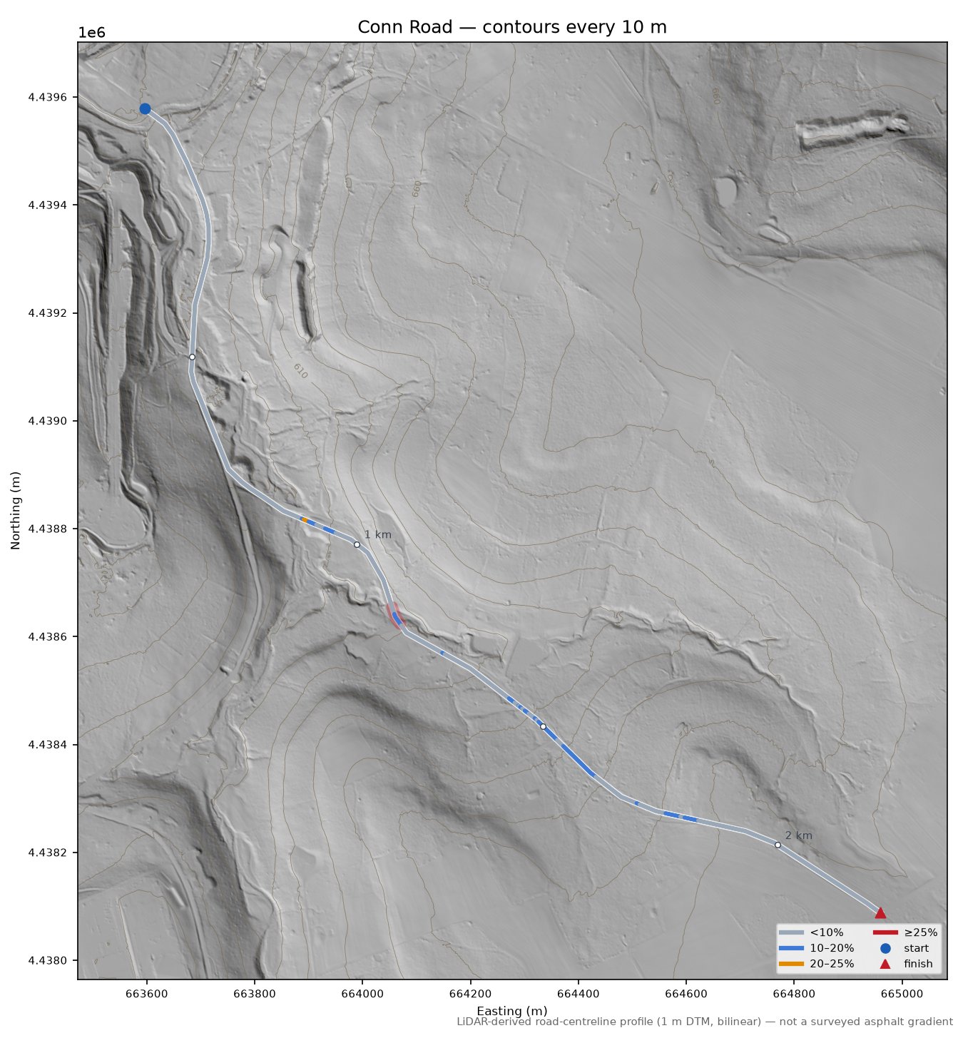 Conn Road LiDAR hillshade map with contours