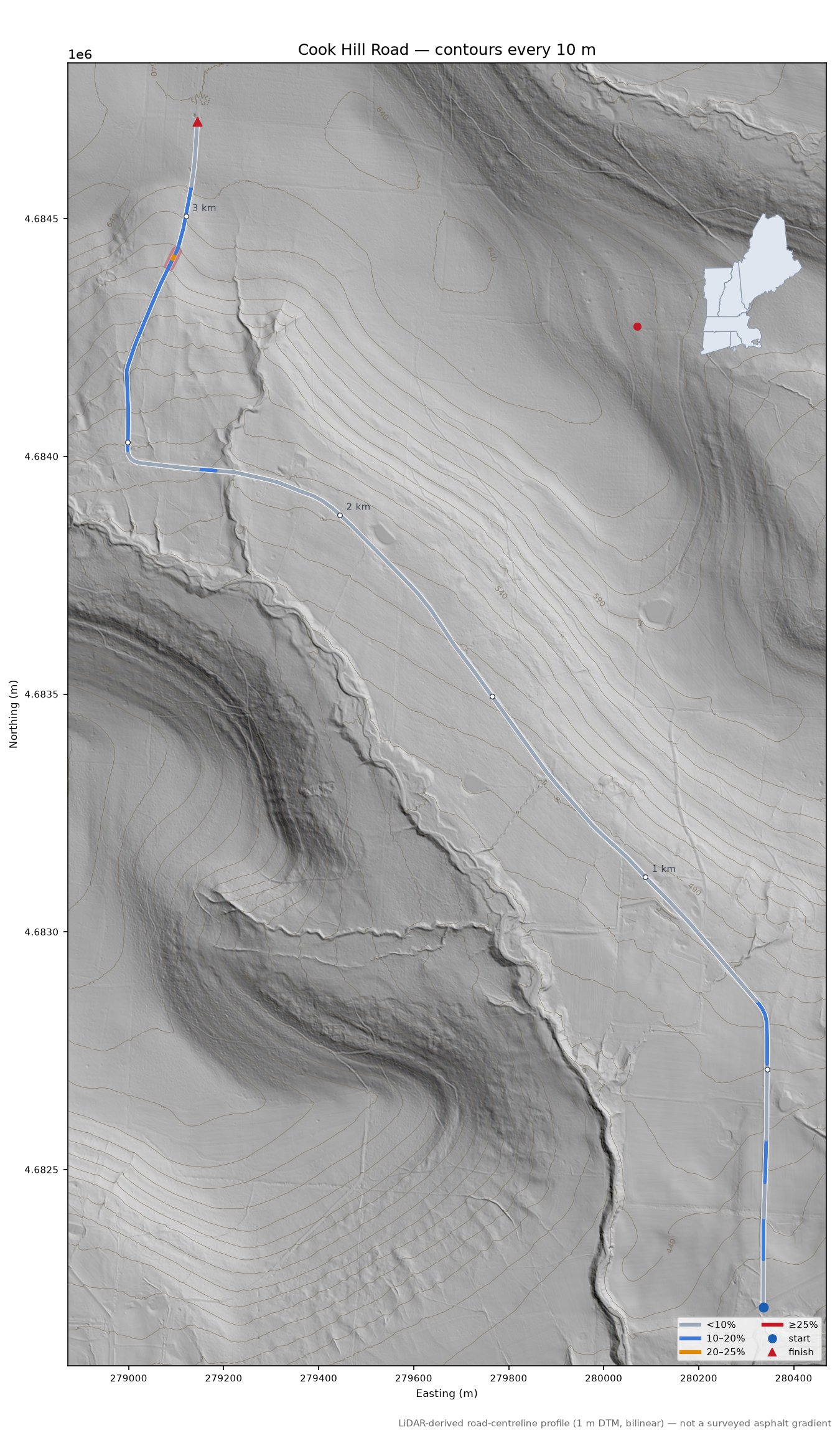 Cook Hill Road LiDAR hillshade map with contours