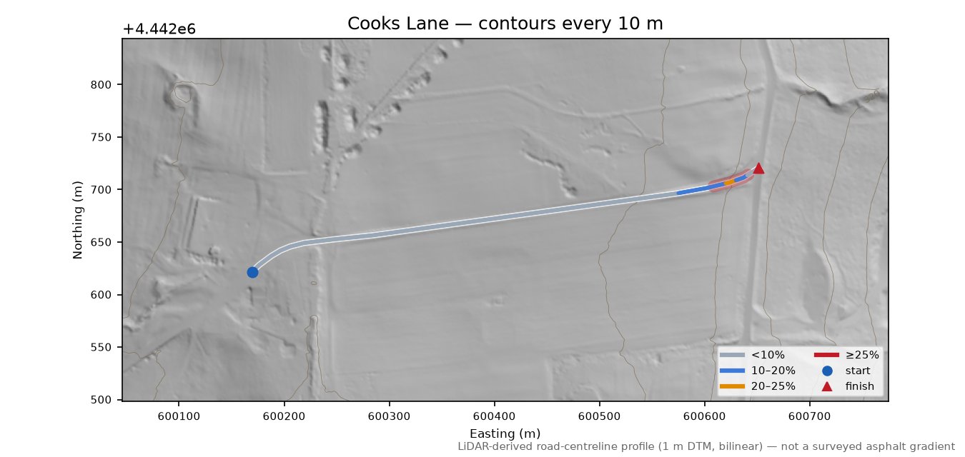 Cooks Lane LiDAR hillshade map with contours