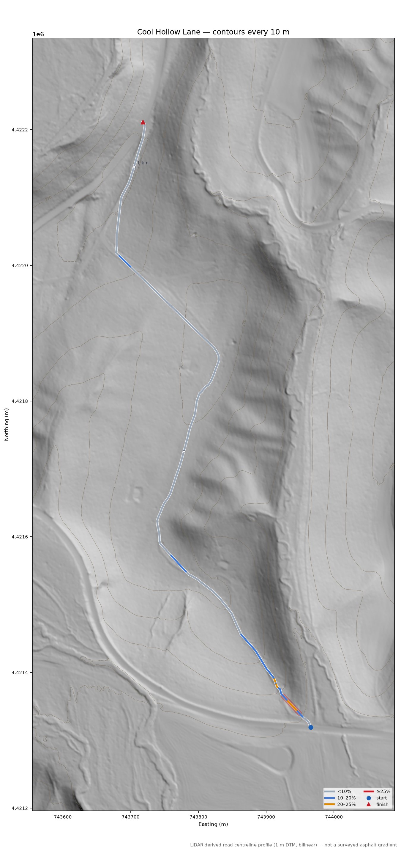 Cool Hollow Lane LiDAR hillshade map with contours