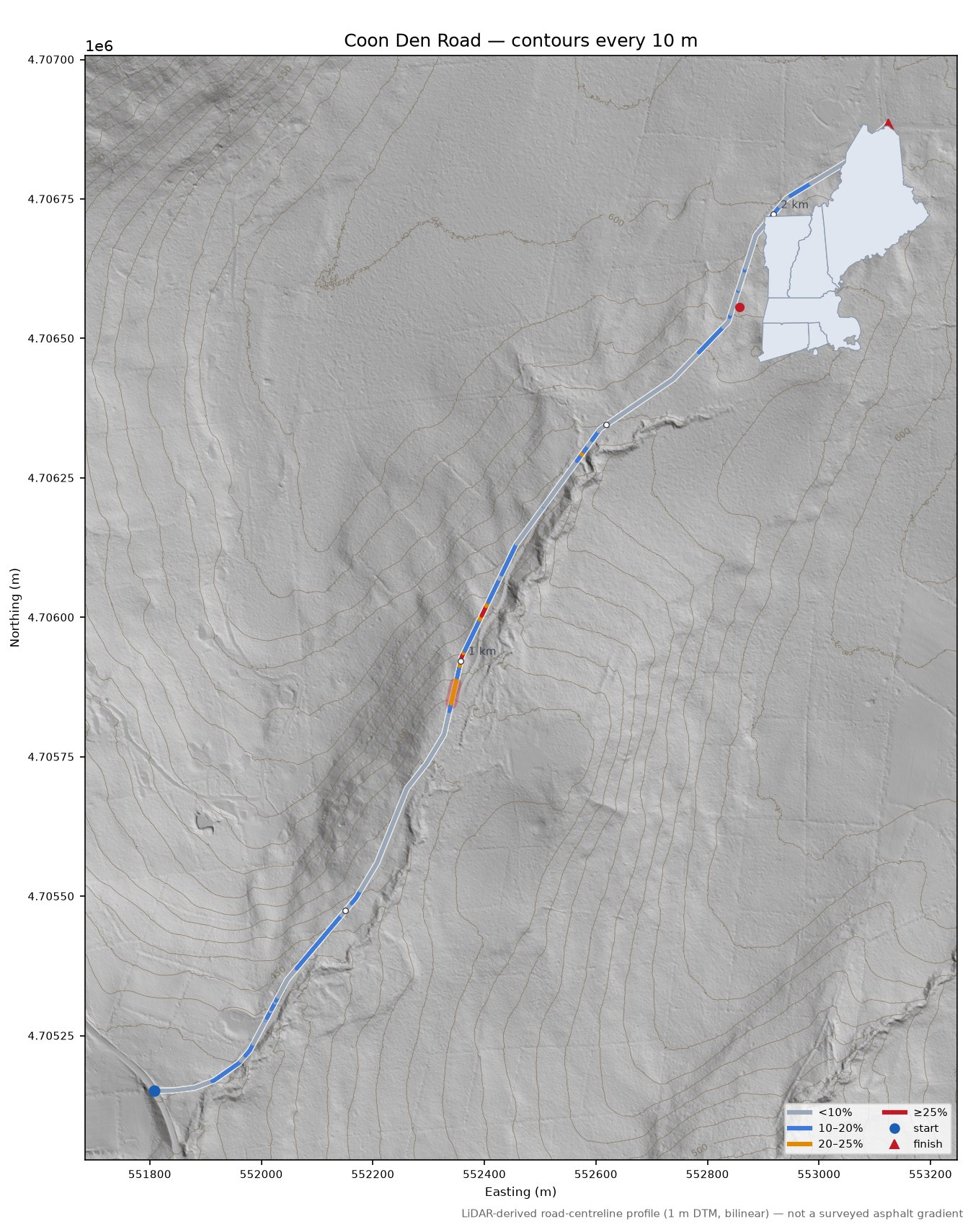 Coon Den Road LiDAR hillshade map with contours