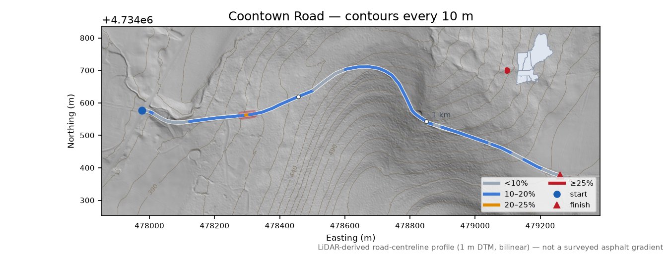 Coontown Road LiDAR hillshade map with contours