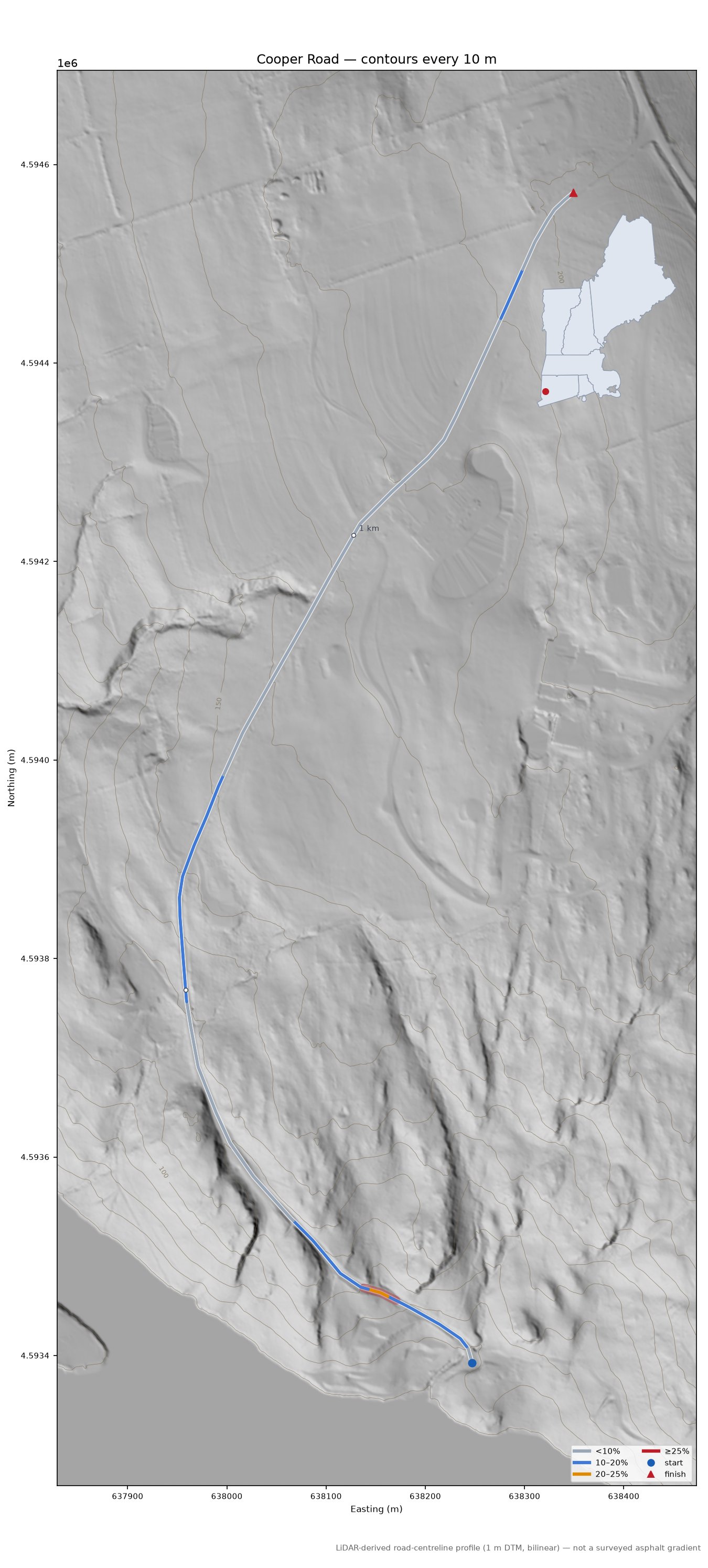 Cooper Road LiDAR hillshade map with contours