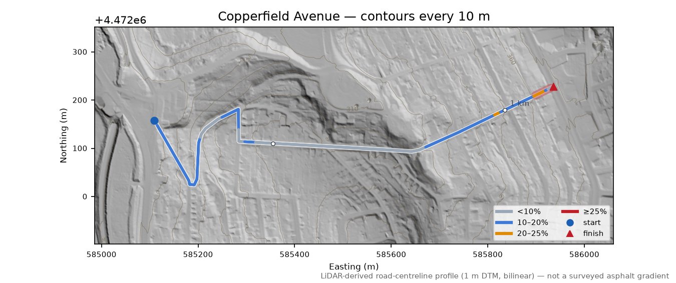 Copperfield Avenue LiDAR hillshade map with contours