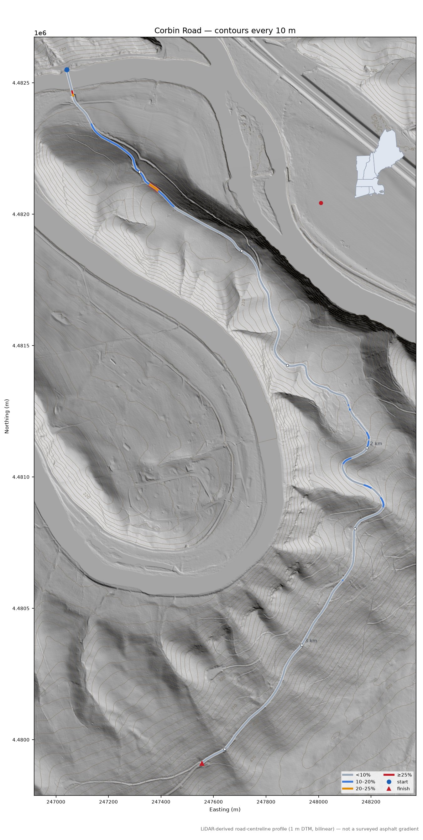 Corbin Road LiDAR hillshade map with contours