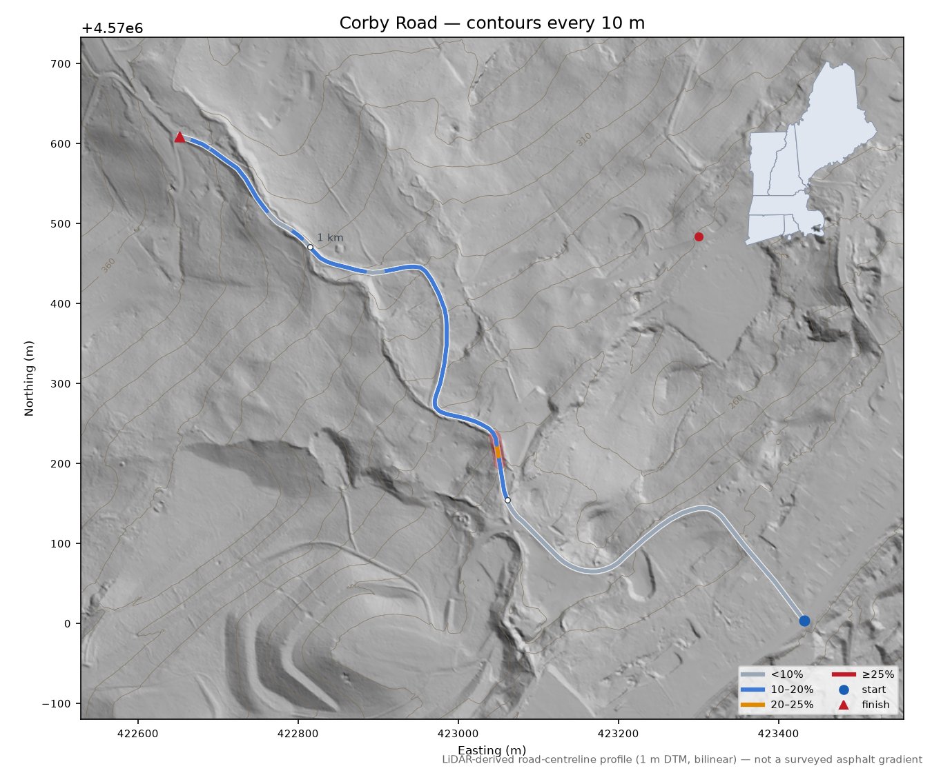 Corby Road LiDAR hillshade map with contours