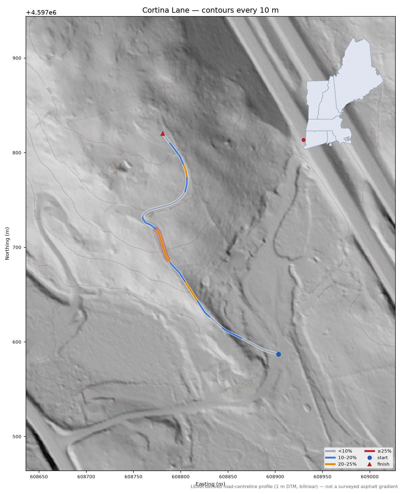 Cortina Lane LiDAR hillshade map with contours