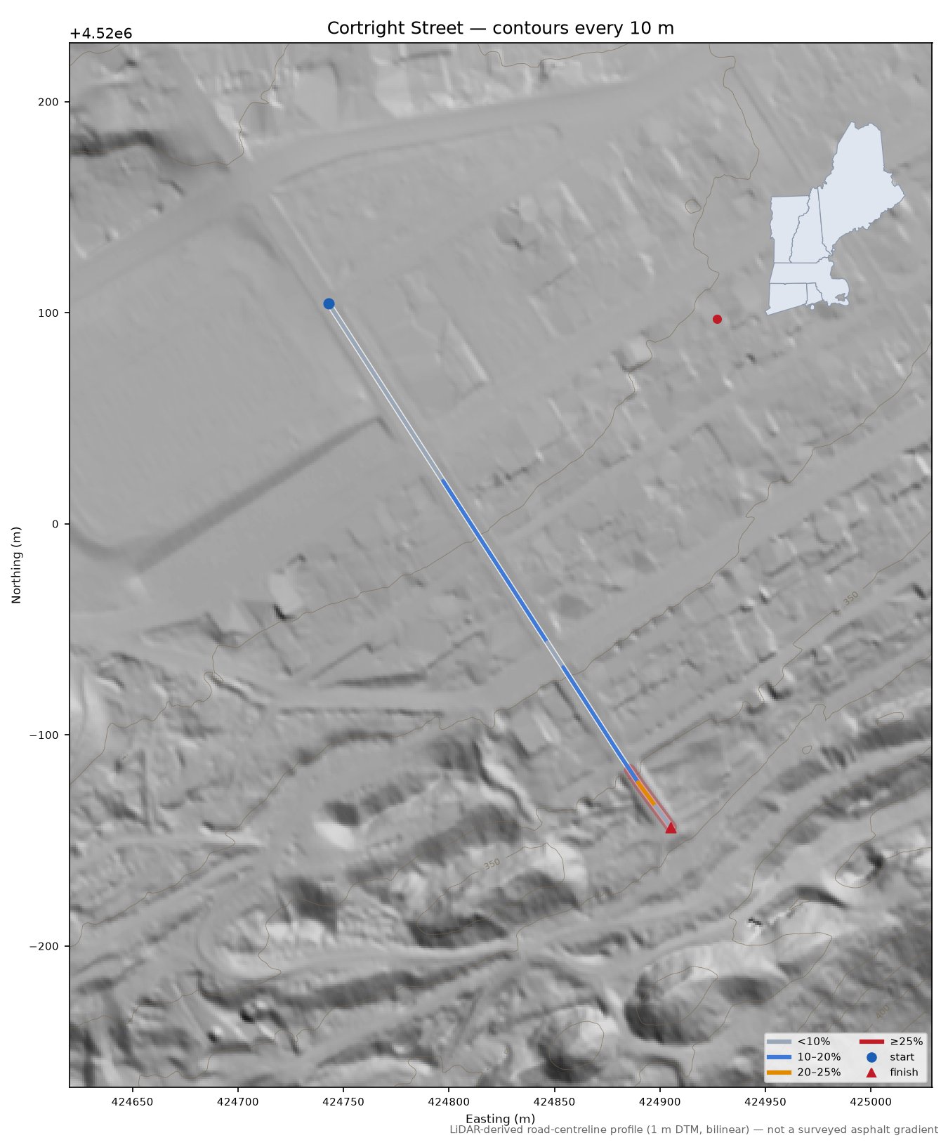 Cortright Street LiDAR hillshade map with contours