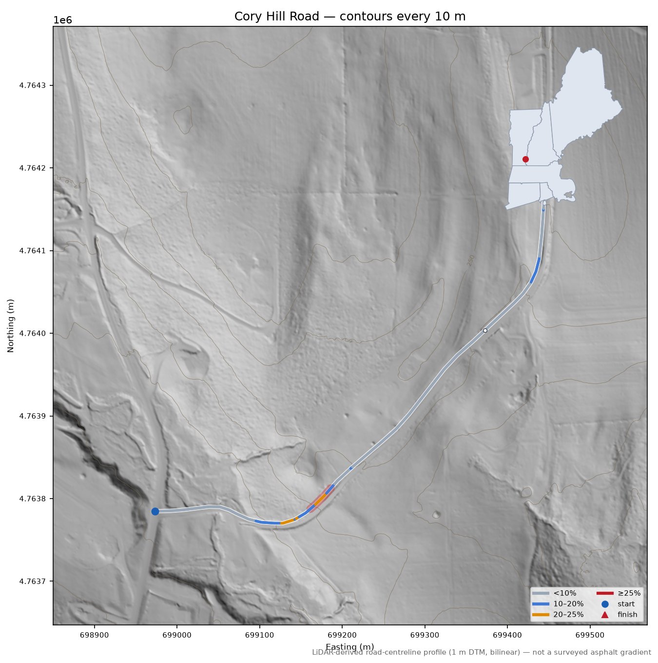 Cory Hill Road LiDAR hillshade map with contours