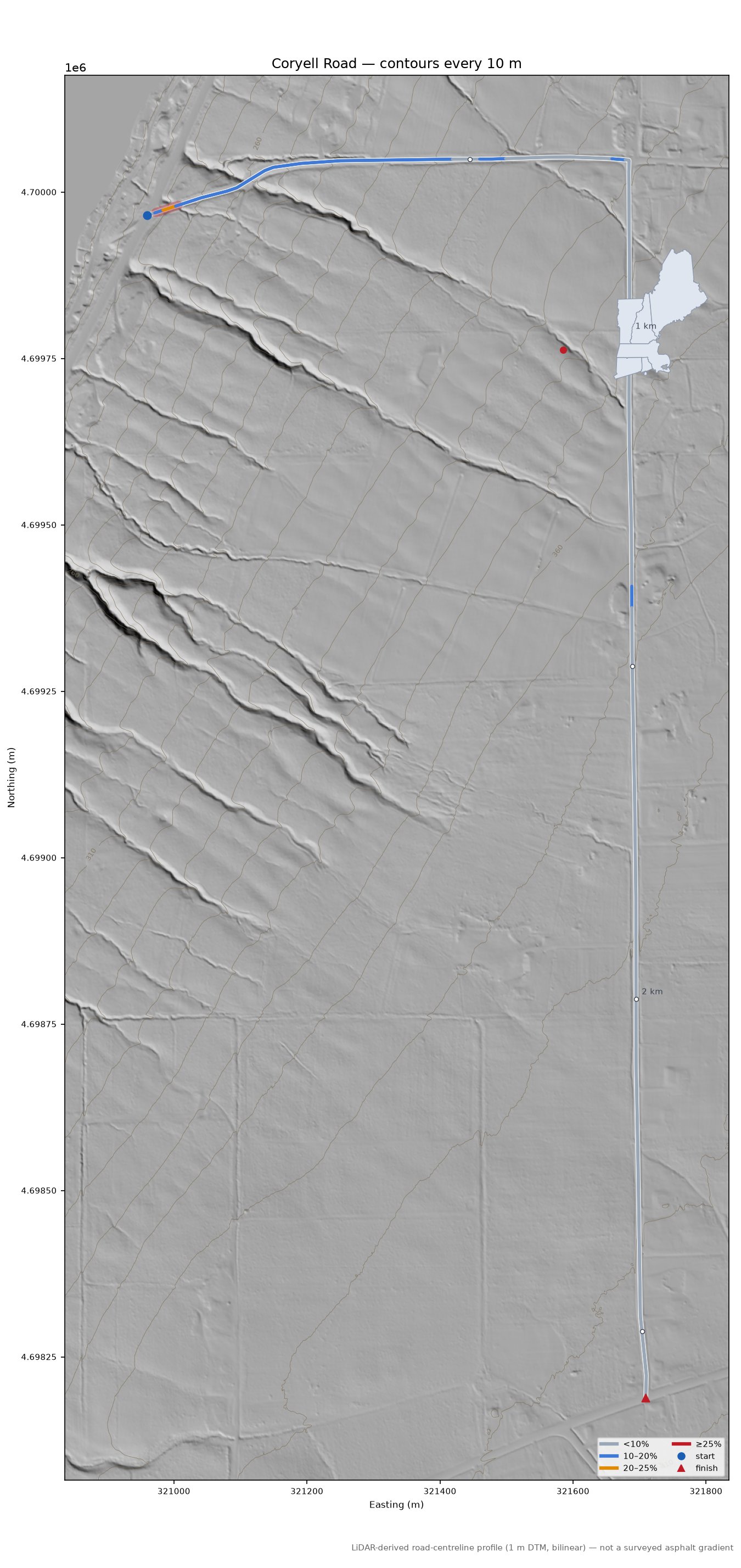 Coryell Road LiDAR hillshade map with contours