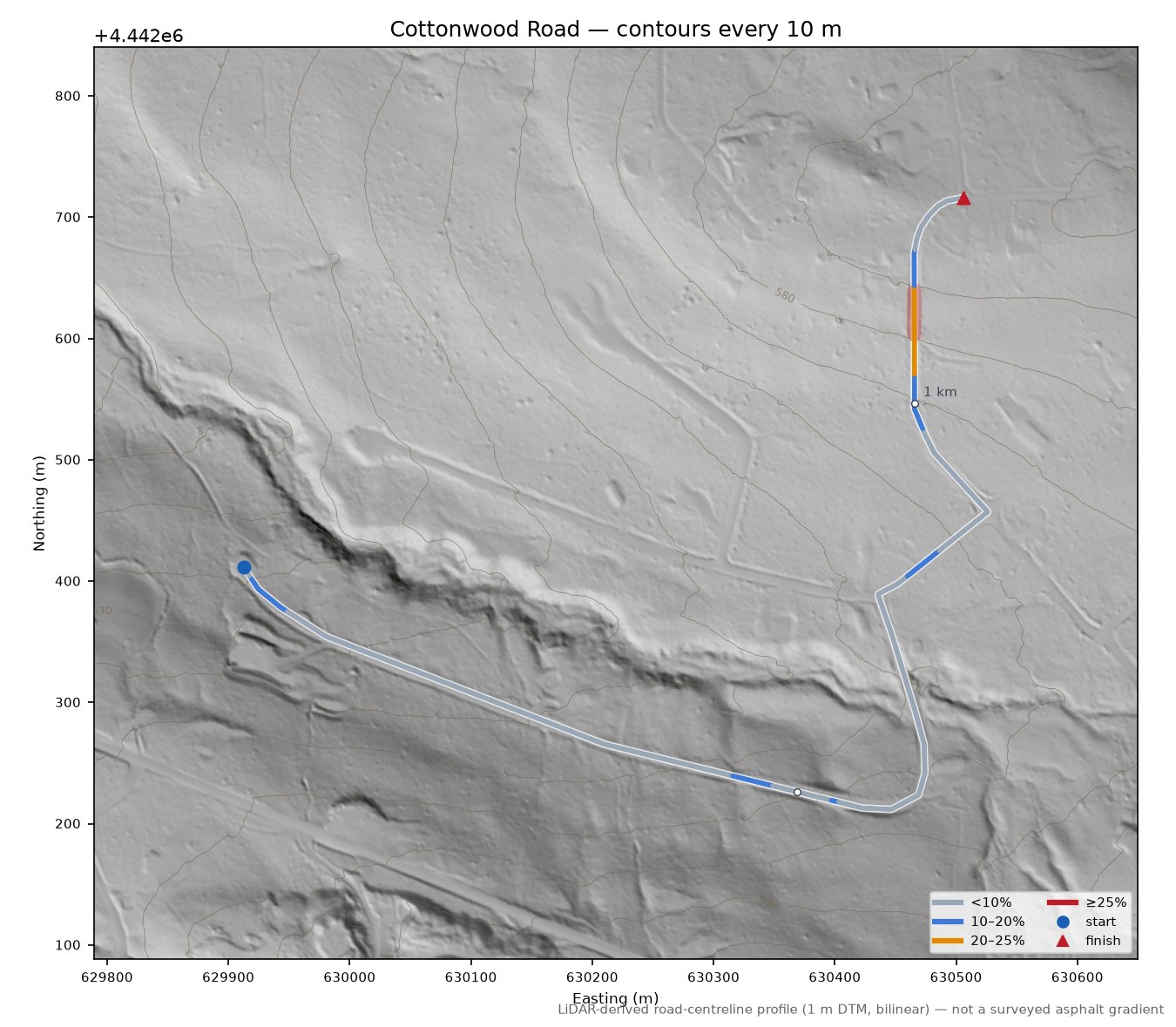 Cottonwood Road LiDAR hillshade map with contours