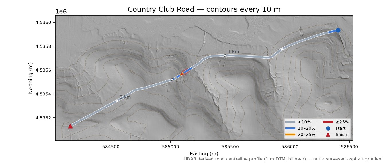 Country Club Road LiDAR hillshade map with contours