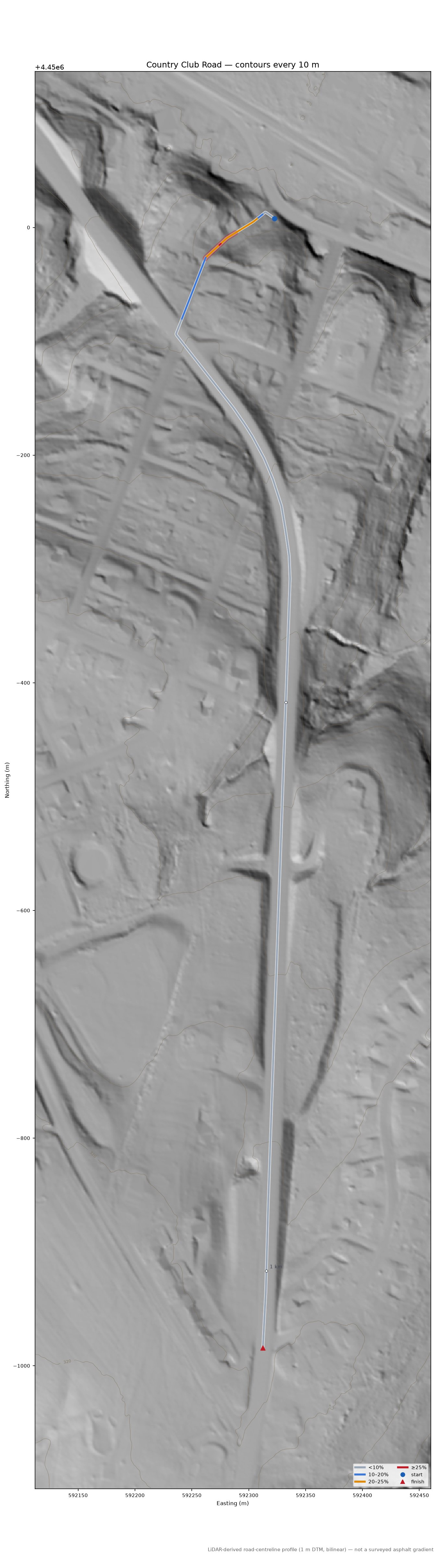 Country Club Road LiDAR hillshade map with contours