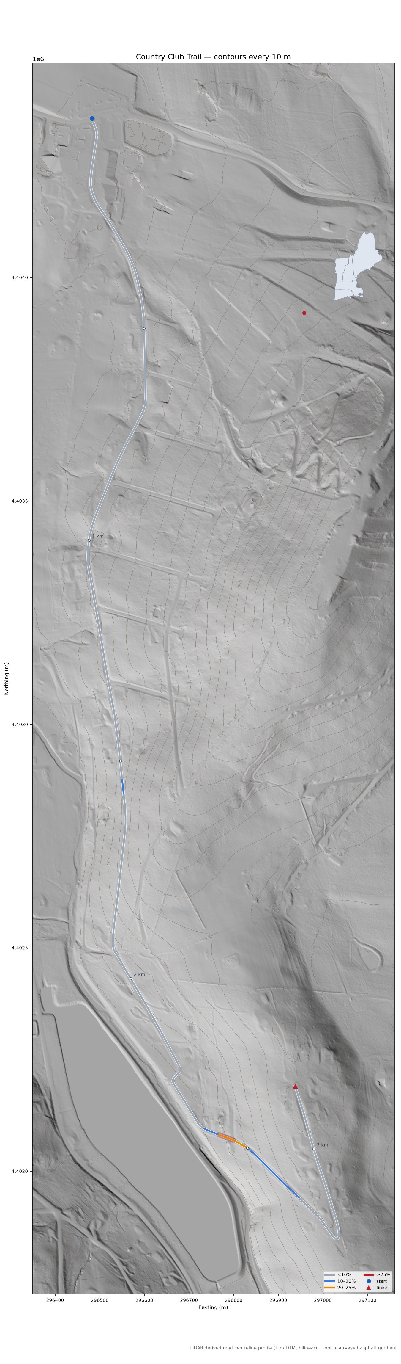Country Club Trail LiDAR hillshade map with contours