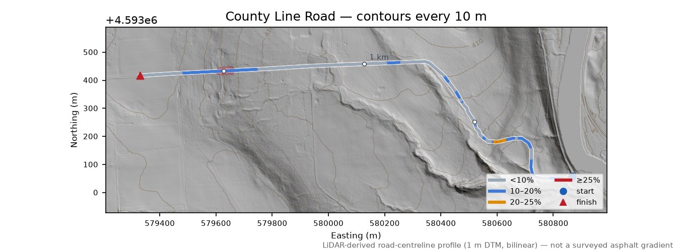 County Line Road LiDAR hillshade map with contours