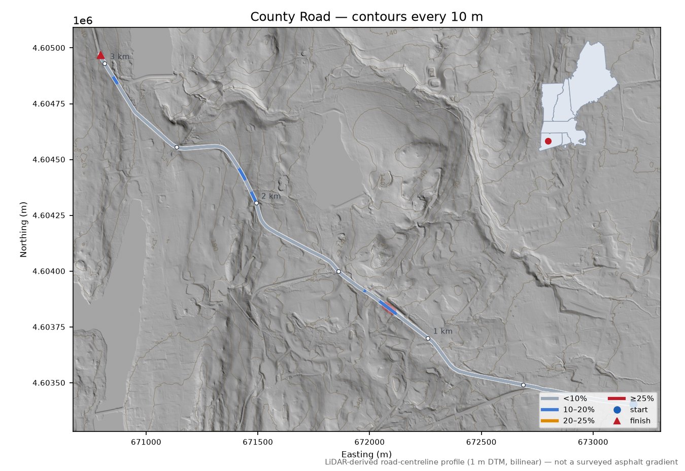 County Road LiDAR hillshade map with contours