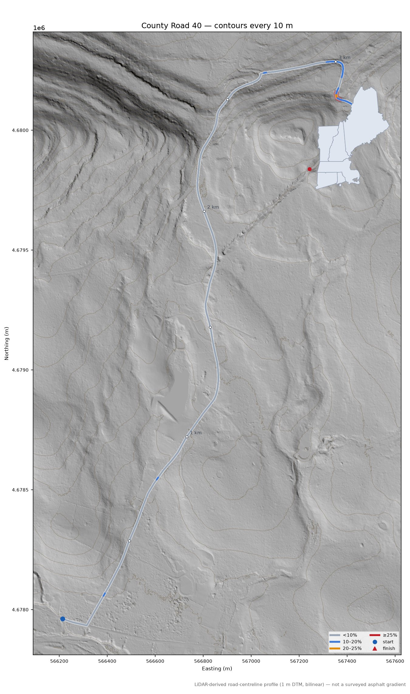 County Road 40 LiDAR hillshade map with contours