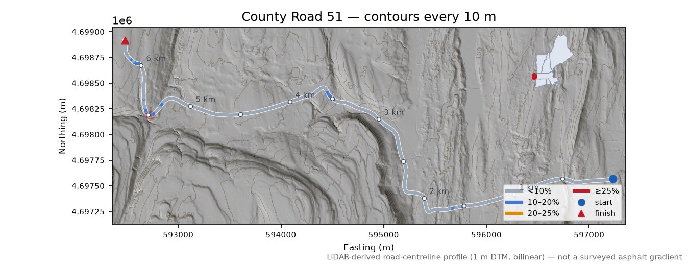 County Road 51 LiDAR hillshade map with contours