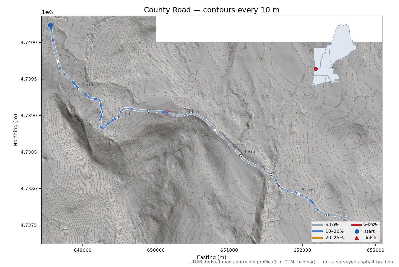 County Road LiDAR hillshade map with contours