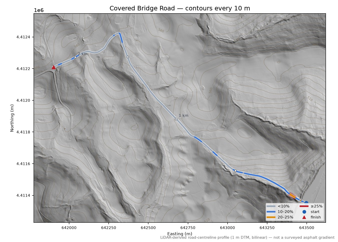 Covered Bridge Road LiDAR hillshade map with contours