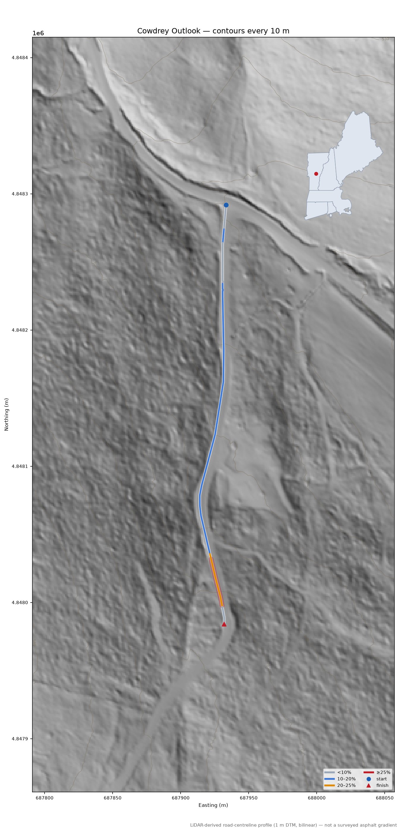 Cowdrey Outlook LiDAR hillshade map with contours