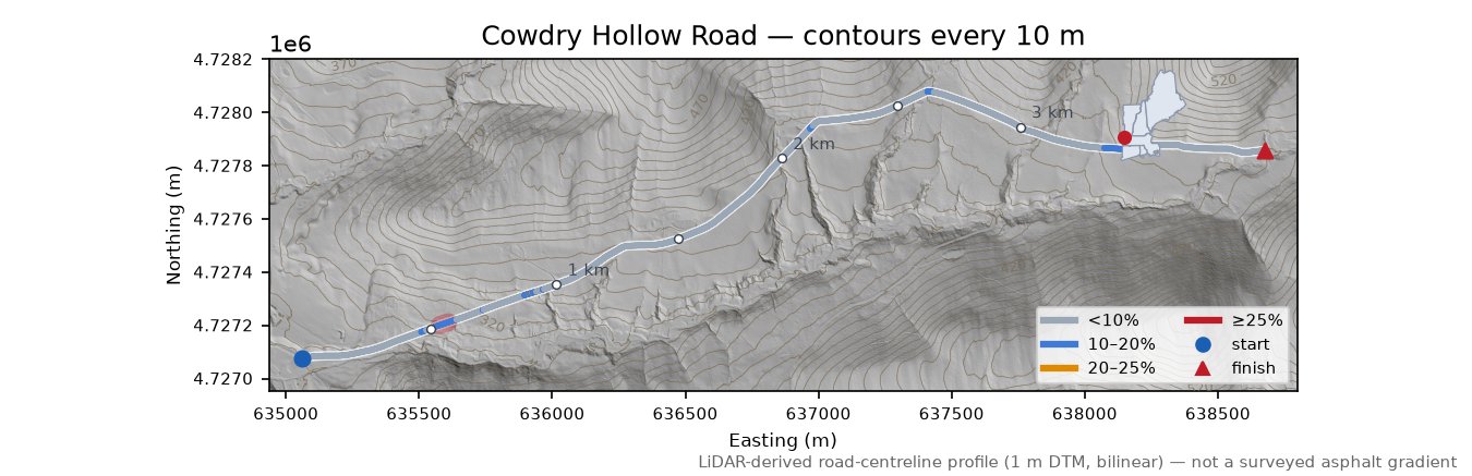 Cowdry Hollow Road LiDAR hillshade map with contours