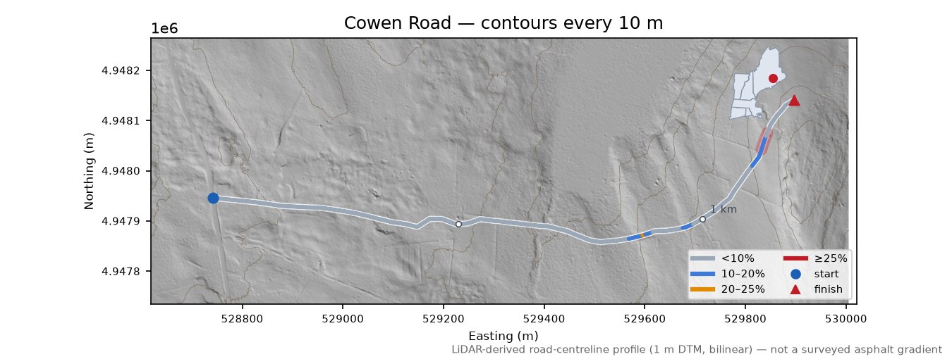 Cowen Road LiDAR hillshade map with contours