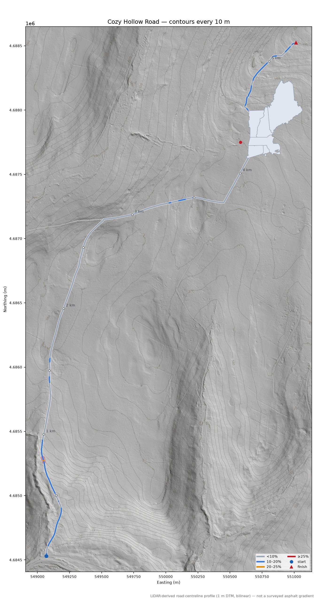 Cozy Hollow Road LiDAR hillshade map with contours