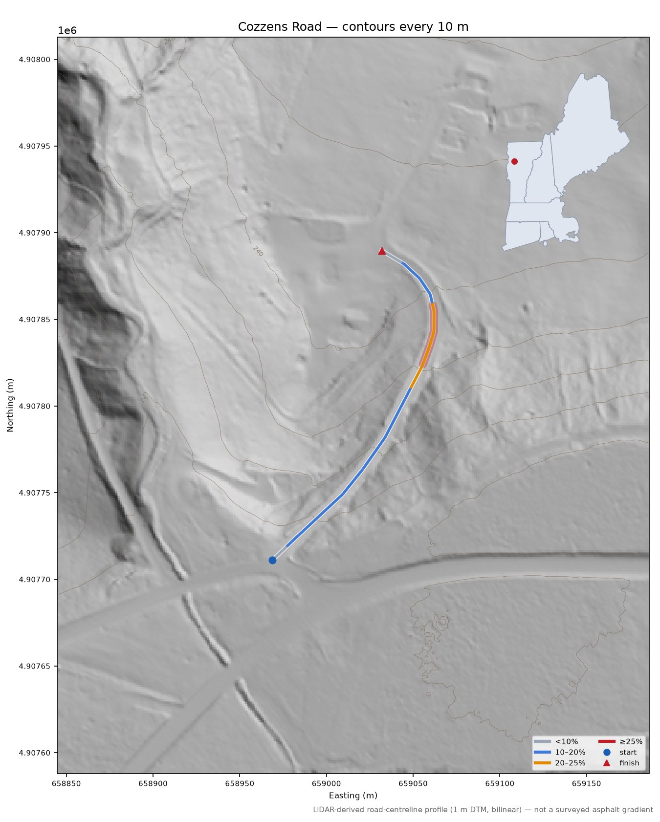 Cozzens Road LiDAR hillshade map with contours