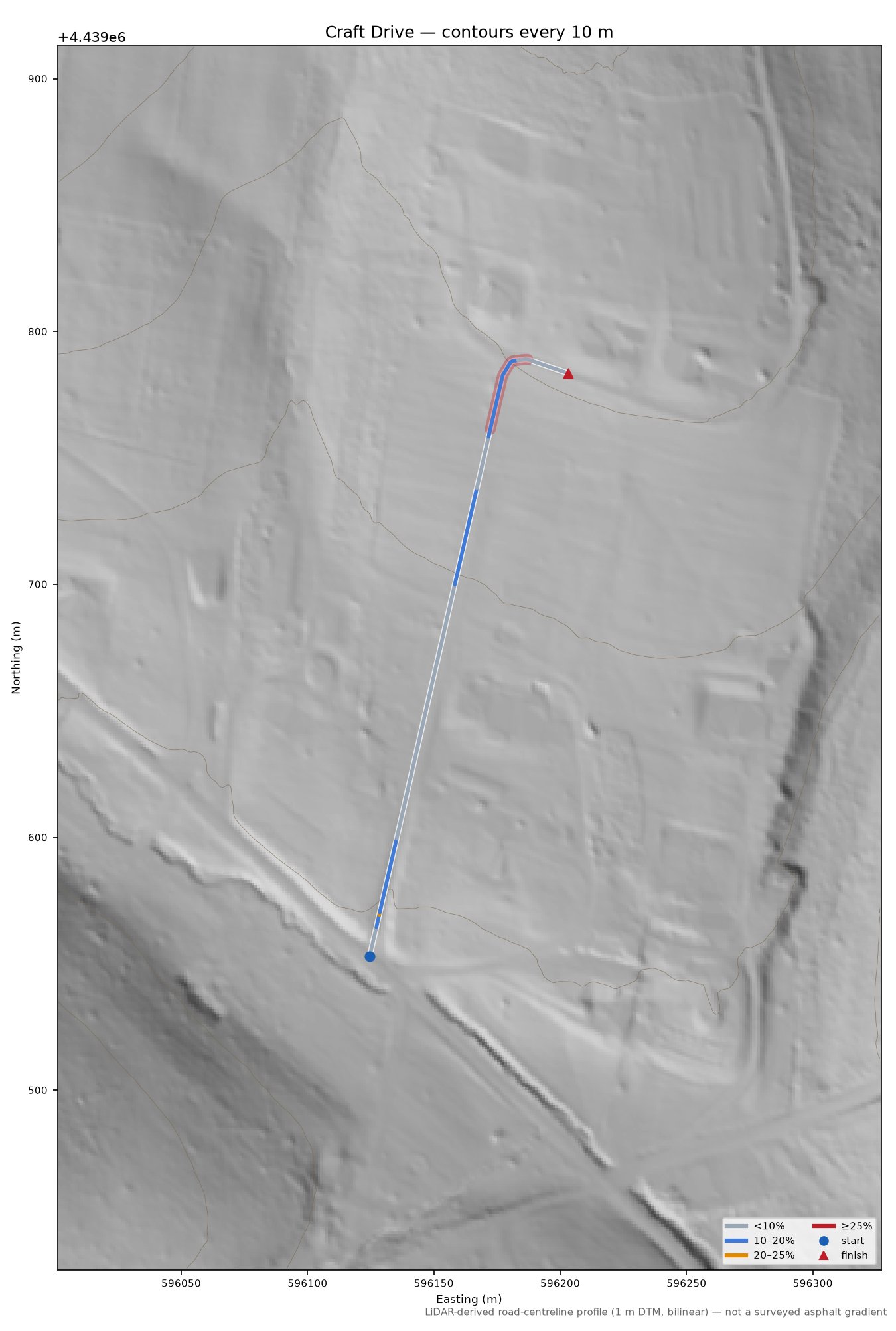 Craft Drive LiDAR hillshade map with contours