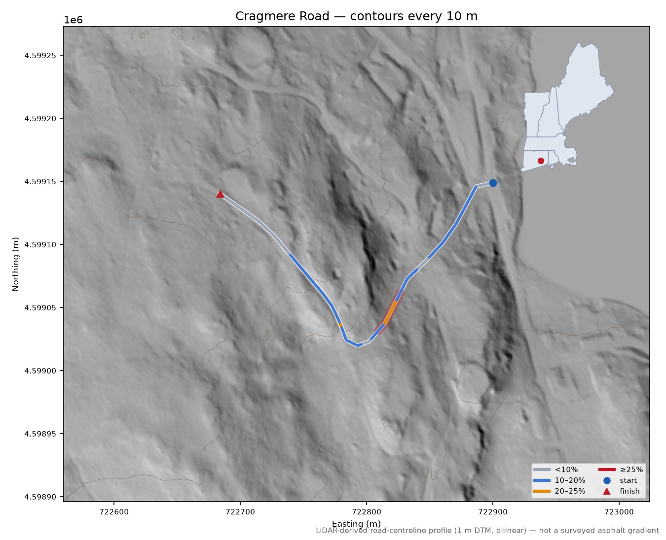 Cragmere Road LiDAR hillshade map with contours