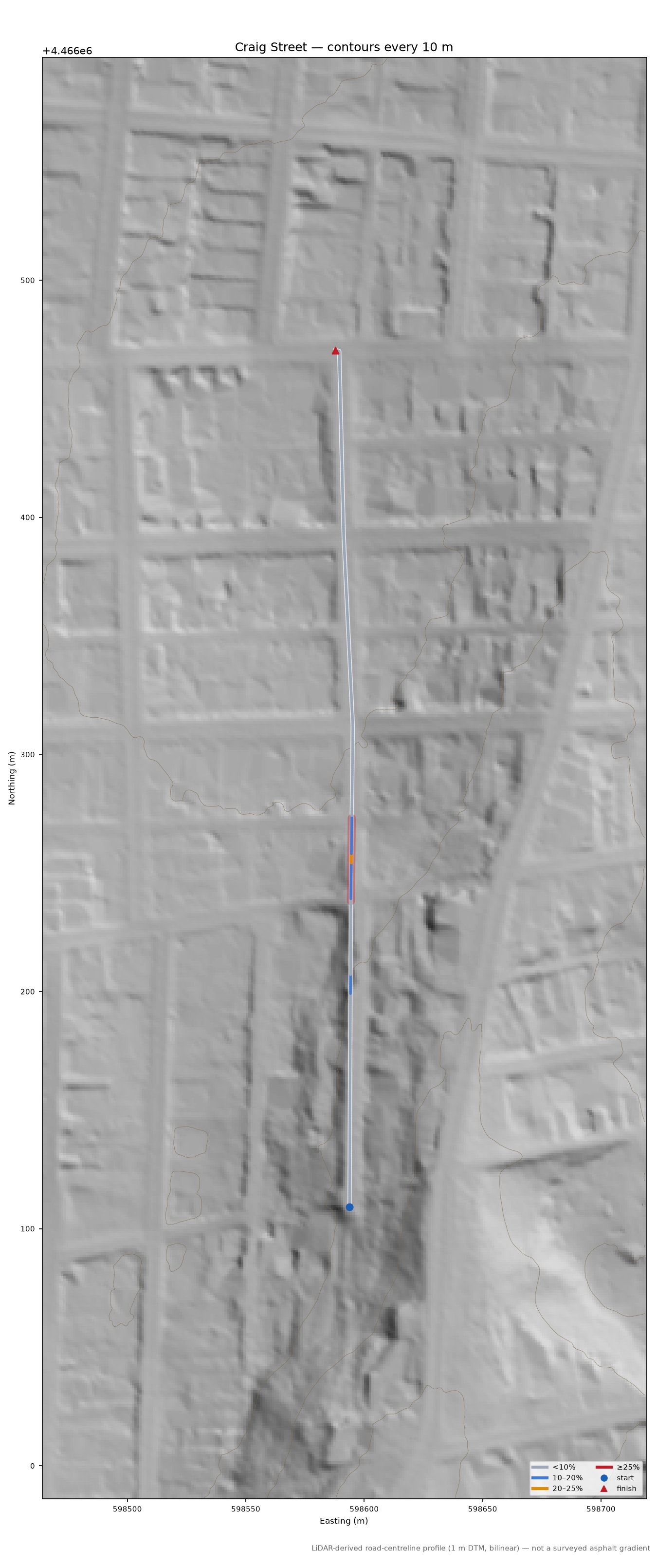 Craig Street LiDAR hillshade map with contours