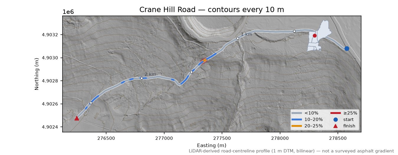 Crane Hill Road LiDAR hillshade map with contours