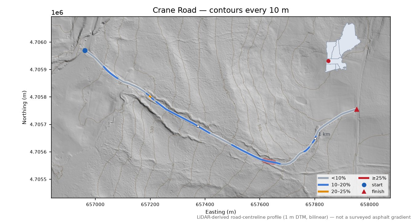 Crane Road LiDAR hillshade map with contours