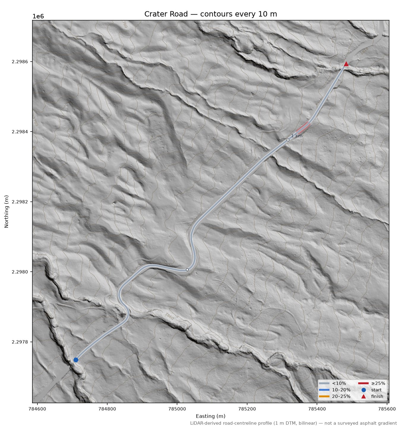Crater Road LiDAR hillshade map with contours