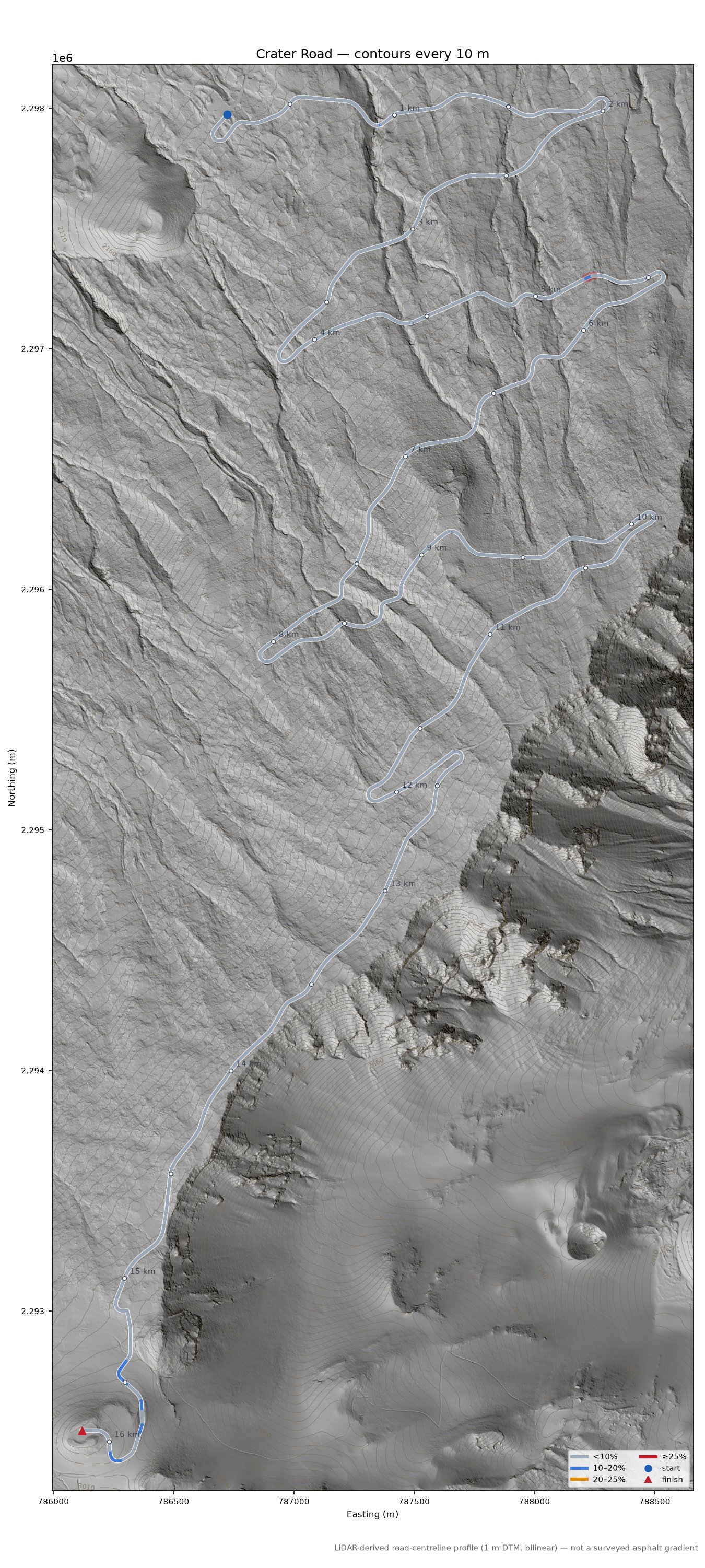 Crater Road LiDAR hillshade map with contours