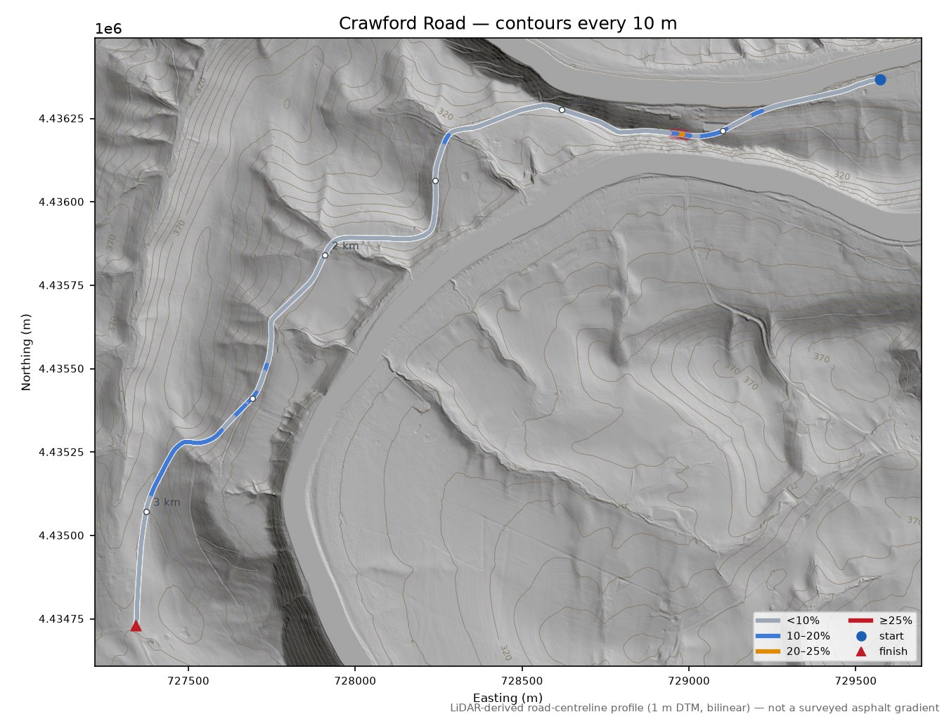 Crawford Road LiDAR hillshade map with contours