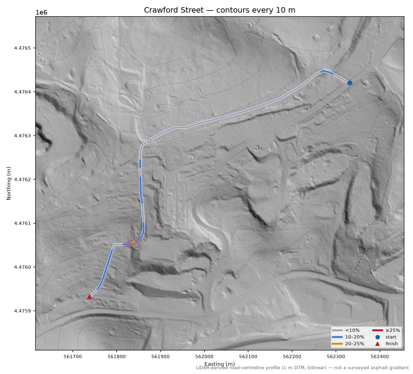 Crawford Street LiDAR hillshade map with contours
