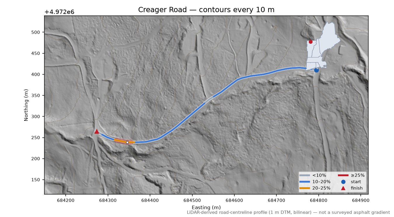Creager Road LiDAR hillshade map with contours