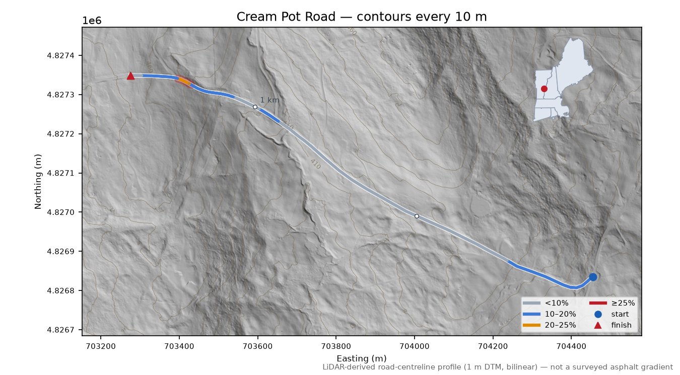 Cream Pot Road LiDAR hillshade map with contours