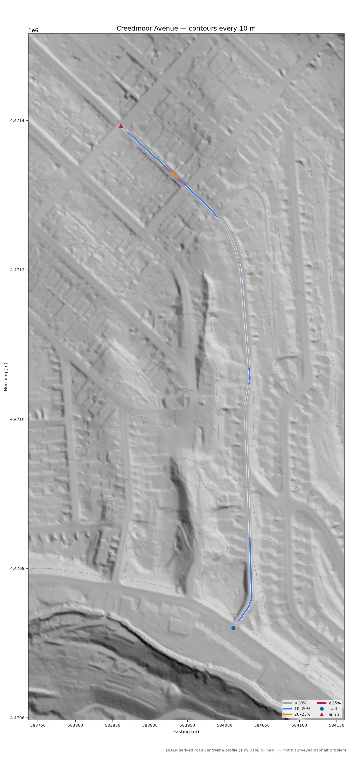 Creedmoor Avenue LiDAR hillshade map with contours