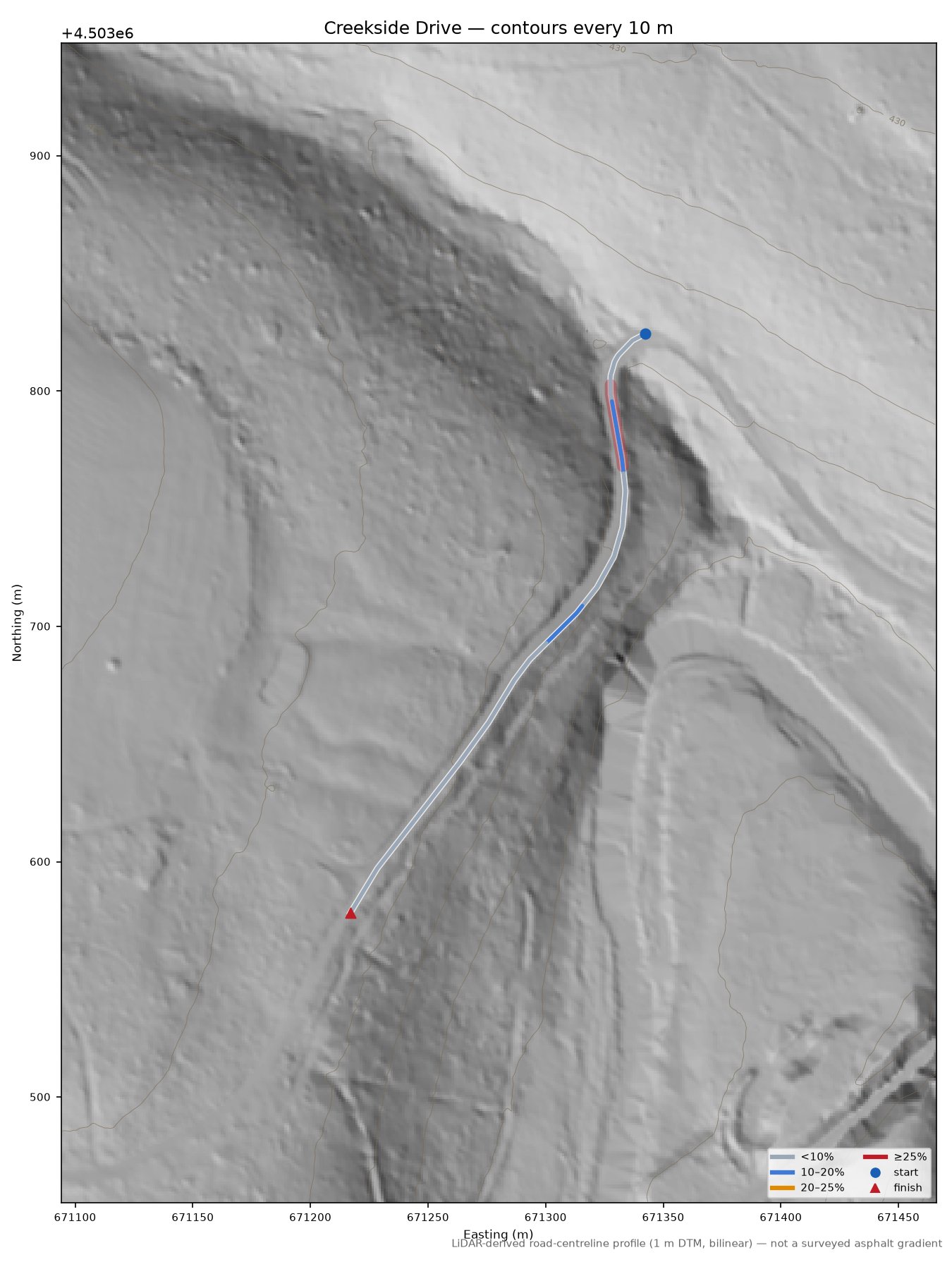 Creekside Drive LiDAR hillshade map with contours