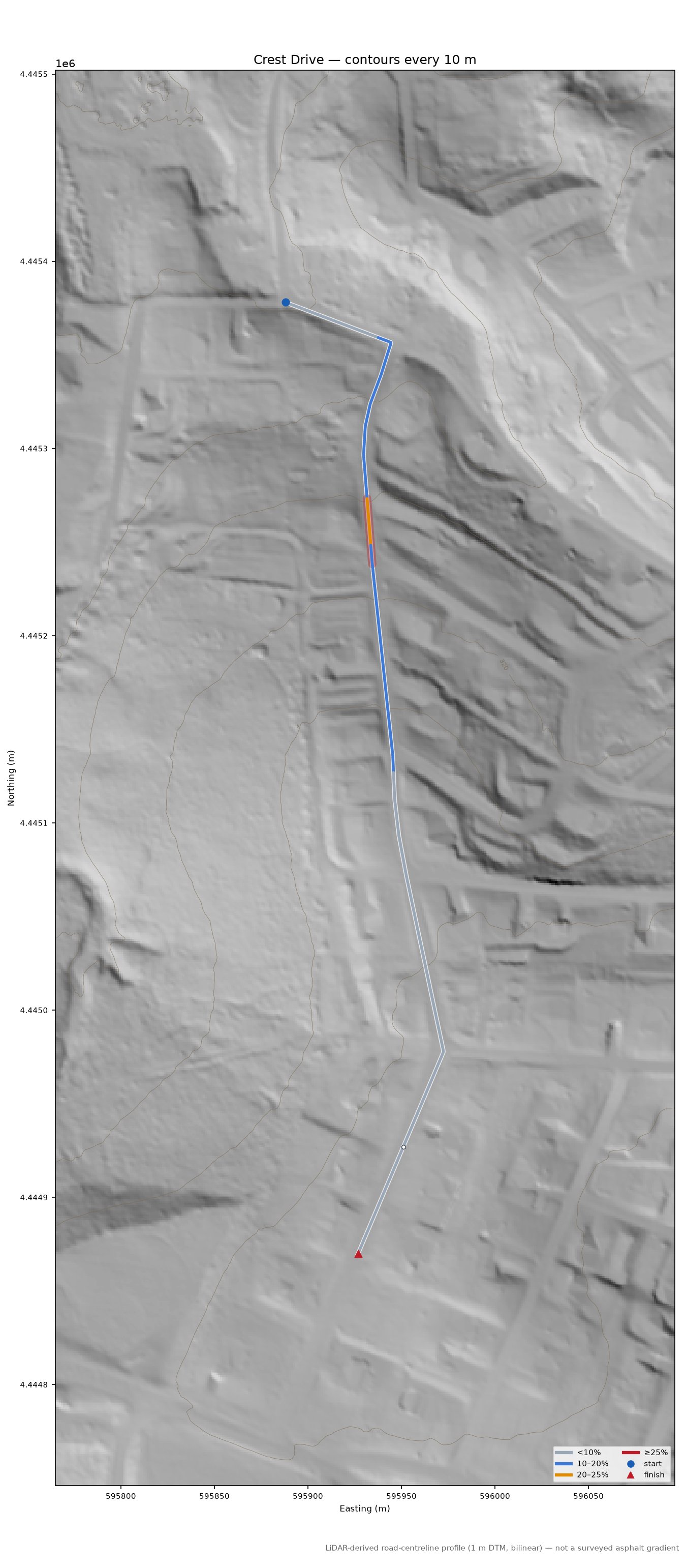 Crest Drive LiDAR hillshade map with contours
