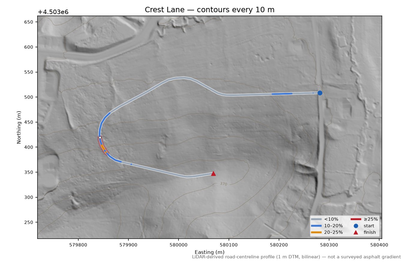 Crest Lane LiDAR hillshade map with contours