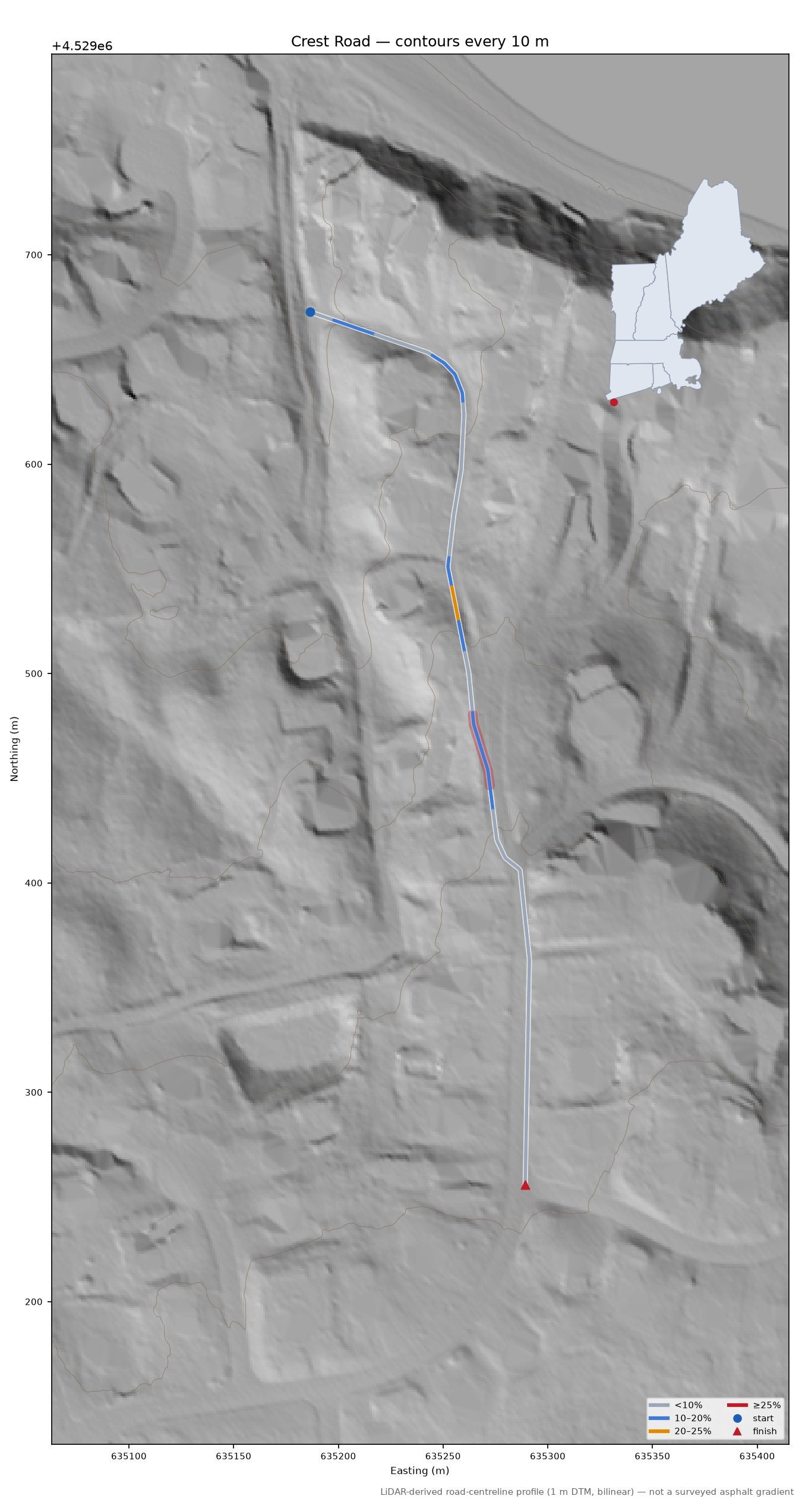 Crest Road LiDAR hillshade map with contours