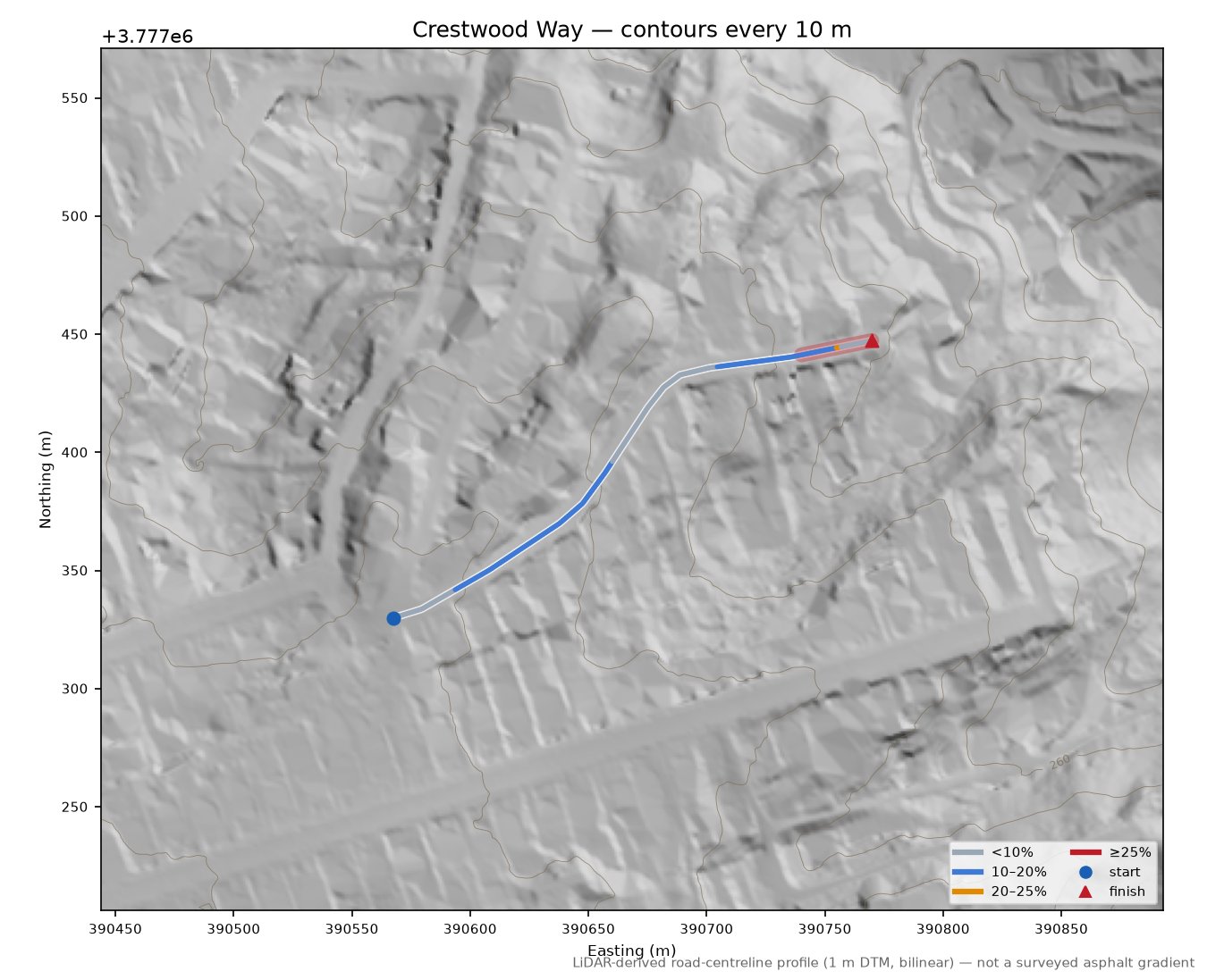 Crestwood Way LiDAR hillshade map with contours