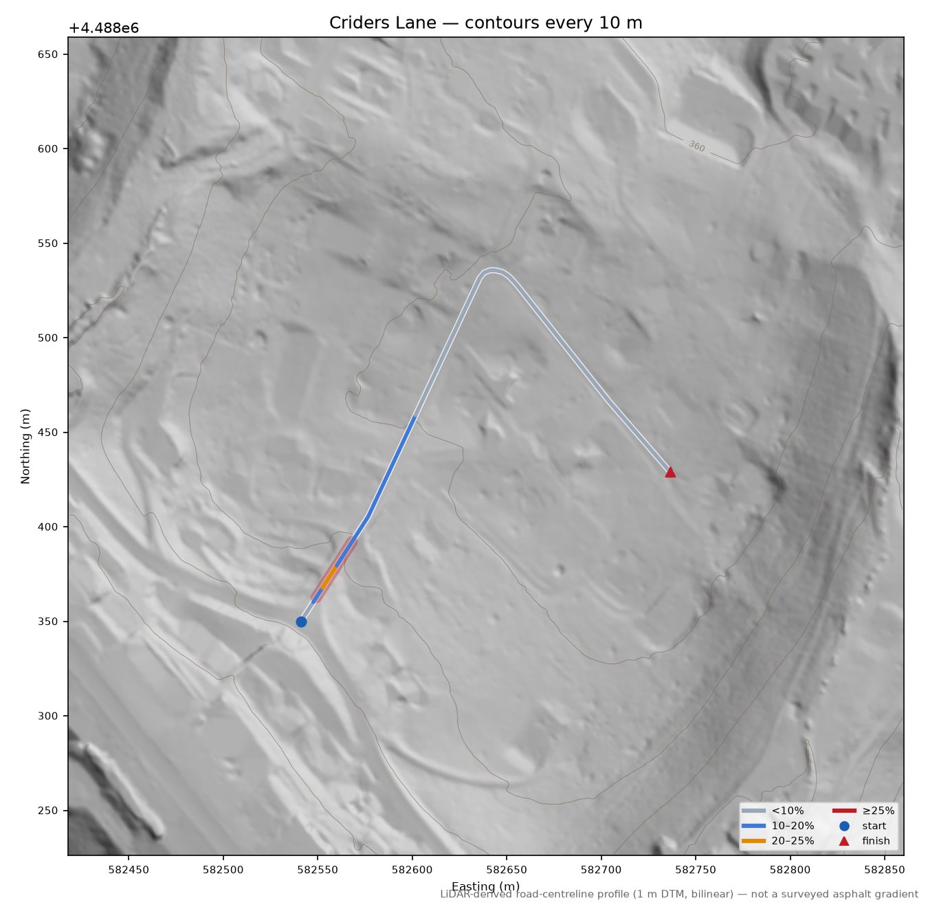 Criders Lane LiDAR hillshade map with contours