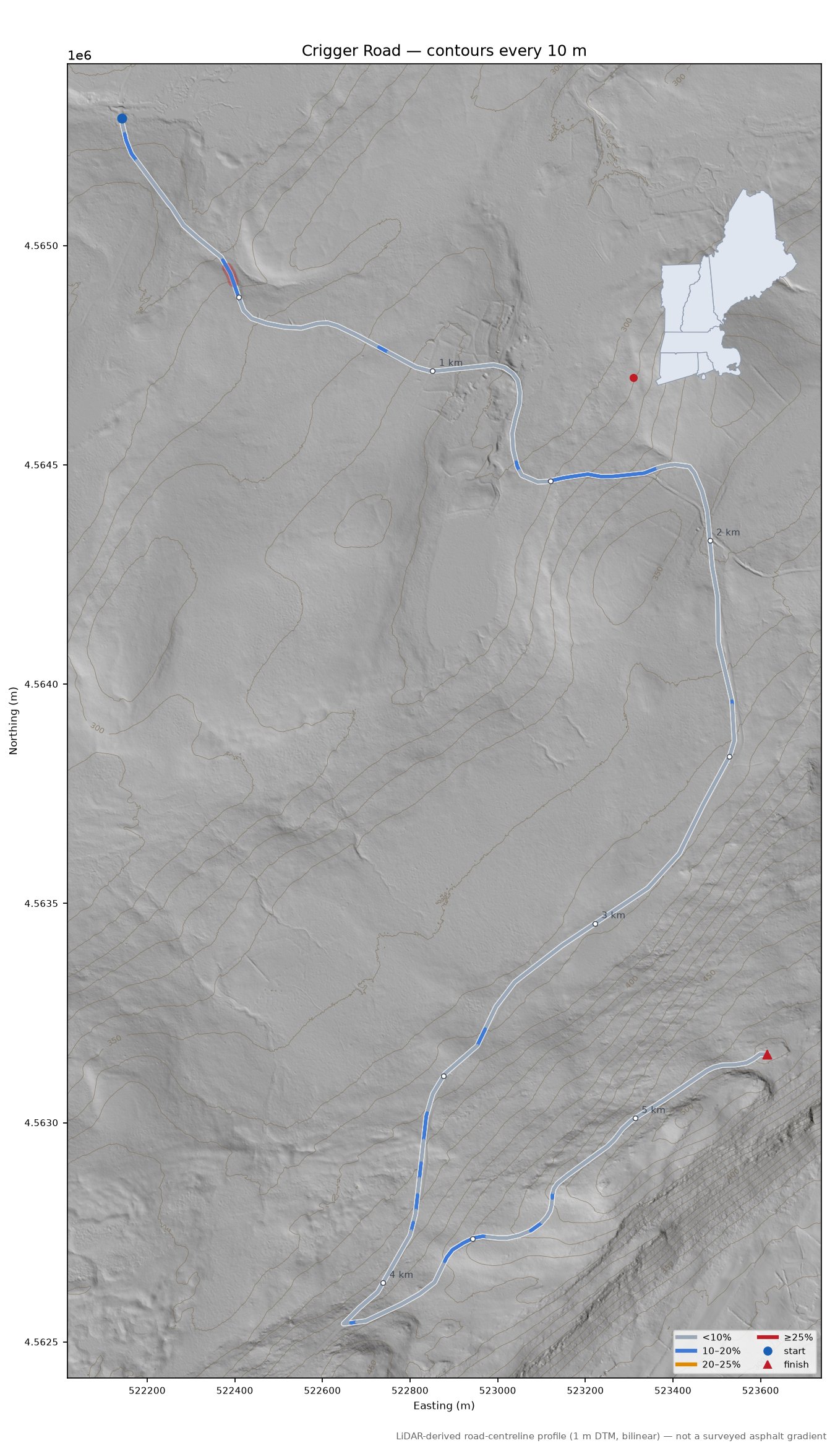 Crigger Road LiDAR hillshade map with contours